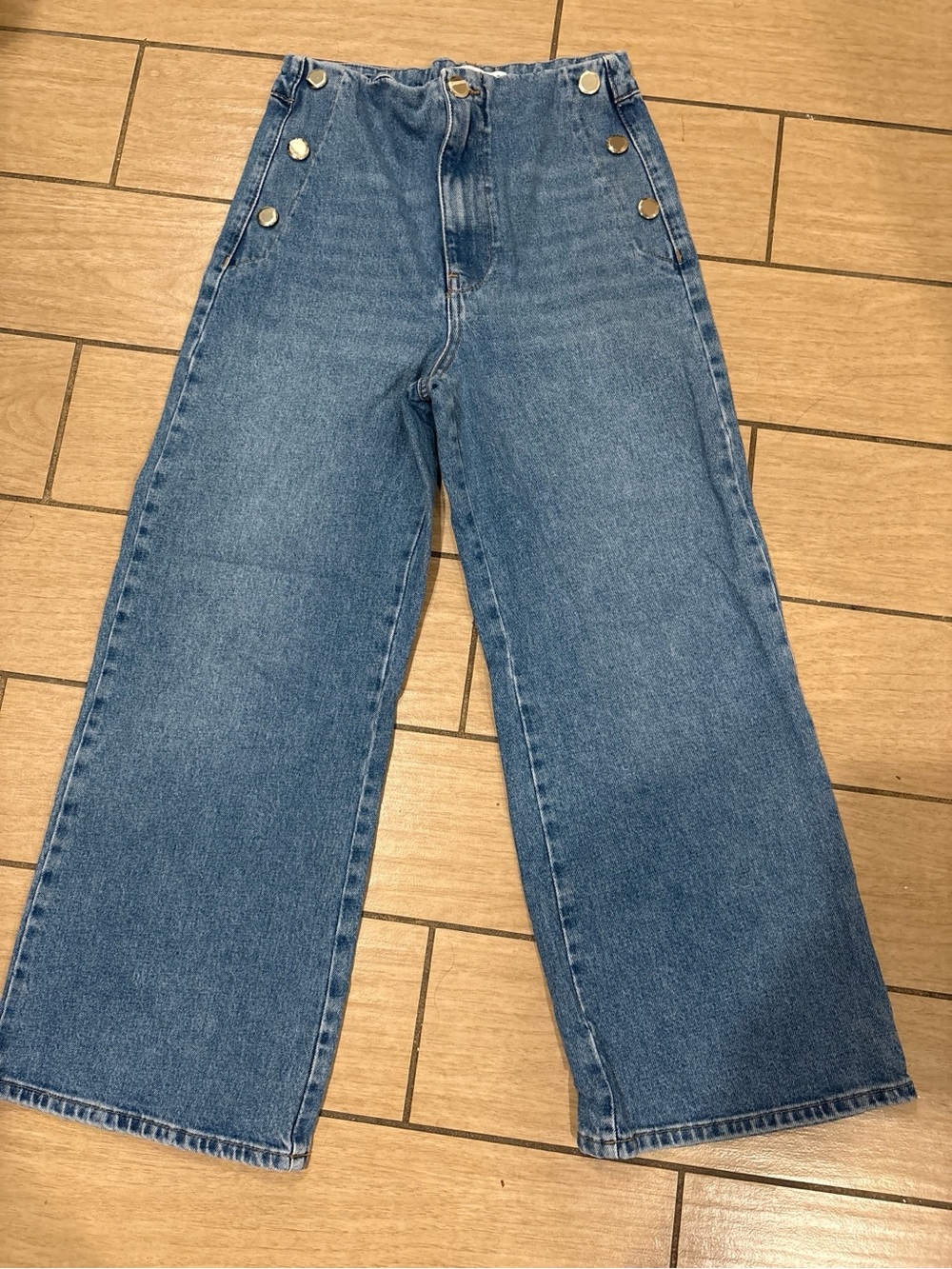 Zara Medium Blue Wide-Leg Sailor Jeans with Button Detail